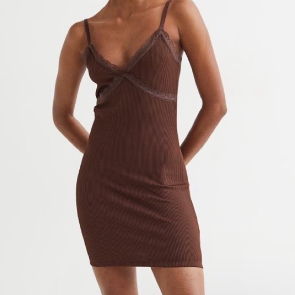H&M XL NEW Rib Lace Trim Cami Mini‎ Dress Brown Slim Bodycon Coquette Goblin